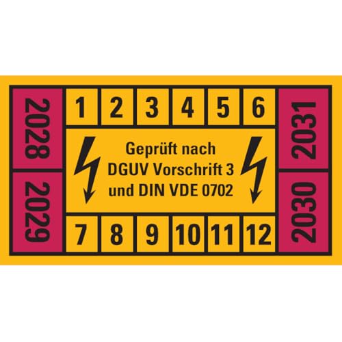 Dreifke® Prüfplakette n.DGUV 3 28-31, gelb/rot, Dokumentenfolie, selbstklebend, 45x25mm, 12/Bogen von Dreifke