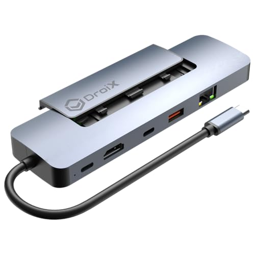 DroiX NH8 USB Hub mit erweiterbarem SSD Speicher, PCIe NVMe Slot, 100W Power Delivery, 4K HDMI, 8 Ports, Gigabit Ethernet für Laptops und MacBook von DroiX