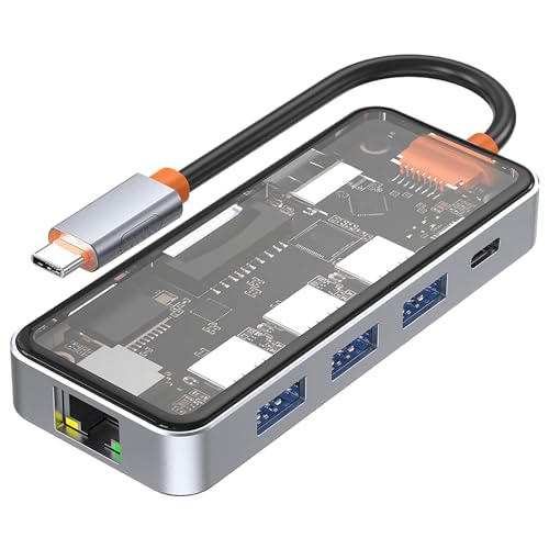 DroiX NT8 Clear USB Hub with ultra-fast RJ45 Gigabit Ethernet, 4K HDMI 2.0 output, rapid 100W PD charging, versatile 3x USB Type-A 3.0 ports, dual Micro/SD card readers, sleek design. von DroiX