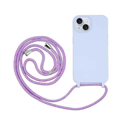 Drucilla Handykette Hülle mit Band kompatibel mit iPhone 15 6,1", Silikon Stossfest Schutzhülle, Handyhülle mit Einstellbar Nylon Schnur, Lila von Drucilla