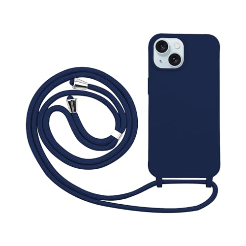 Drucilla Handykette Hülle mit Band kompatibel mit iPhone 15 6,1", Silikon Stossfest Schutzhülle, Handyhülle mit Einstellbar Nylon Schnur, Navyblau von Drucilla