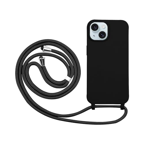 Drucilla Handykette Hülle mit Band kompatibel mit iPhone 15 6,1", Silikon Stossfest Schutzhülle, Handyhülle mit Einstellbar Nylon Schnur, Schwarz von Drucilla