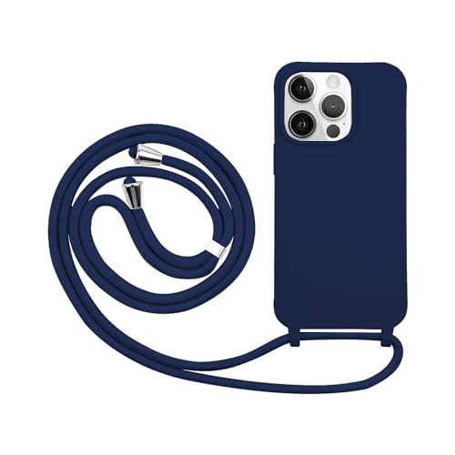 Drucilla Handykette Hülle mit Band kompatibel mit iPhone 15 Pro 6,1", Silikon Stossfest Schutzhülle, Handyhülle mit Einstellbar Nylon Schnur, Navyblau von Drucilla