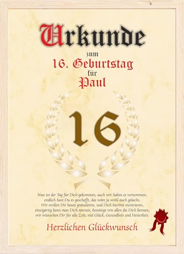 Urkunde zum 16. Geburtstag - Glückwunsch Geschenkurkunde personalisiertes Geschenk Gedicht Grußkarte mit Spruch Poster DIN A4 von Druck-Geschenk