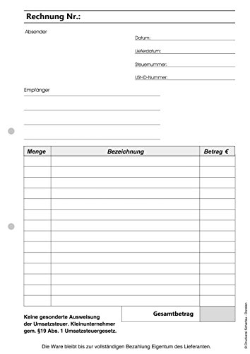 10 x Block Rechnung Kleinunternehmer §19 DIN A4, 2-fach selbstdurchschreibend,2x50 Blatt weiß/grün - gelocht (22635) von Druckerei Scharlau