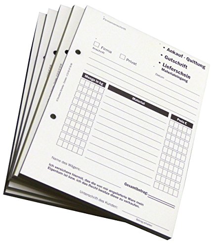 10x Ankaufquittung - Gutschrift - Materialeingang DIN A5, 2-fach selbstdurchschreibend,2x50 Blatt weiß/grün - gelocht (22608) von Druckerei Scharlau