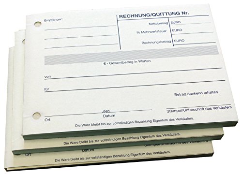 10x Block Quittung Rechnung - Quittungsblock - 2 x 50 Blatt DIN A6 - gelocht - SD -durchschreibend (22233) von Druckerei Scharlau