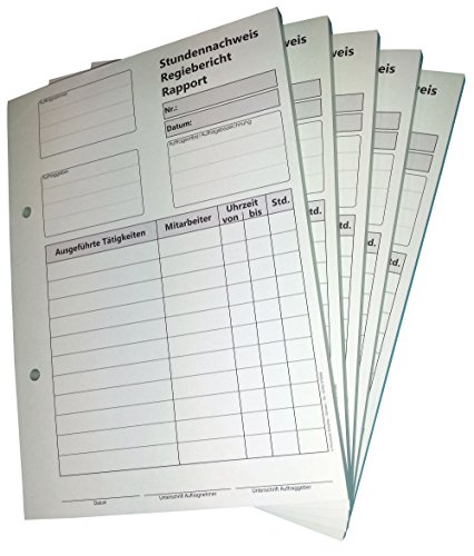 10x Block Stundennachweis-Regiebericht - Rapport DIN A5, 2-fach selbstdurchschreibend,2x50 Blatt weiß/grün - gelocht (22432) von Druckerei Scharlau