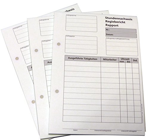 10x Block Stundennachweis-Regiebericht - Rapport DIN A5, 2-fach selbstdurchschreibend,2x50 Blatt weiß/grün - gelocht (22432) von Druckerei Scharlau
