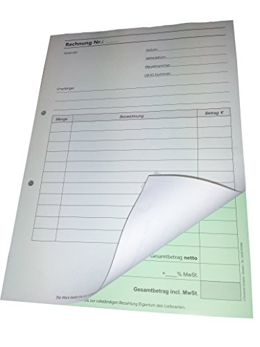 10x Rechnungsblock Block Rechnung DIN A5, 2-fach selbstdurchschreibend,2x50 Blatt weiß/grün - gelocht (22434) von Druckerei Scharlau