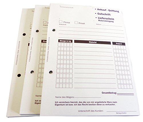 1x Ankaufquittung - Gutschrift - Materialeingang DIN A5, 1-fach NICHT durchschreibend,100 Blatt weiß Offset 80g/m² - gelocht (22609) von Druckerei Scharlau