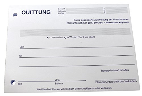 1x Block Quittung - Quittungsblock für Kleinunternehmer (§19) - 100 Blatt DIN A6 - gelocht - NICHT durchschreibend (22426) von Druckerei Scharlau