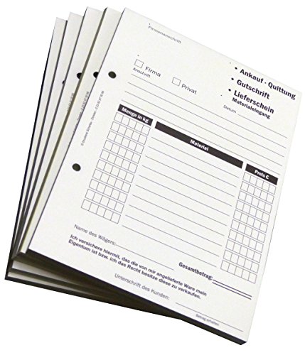 4x Ankaufquittung - Gutschrift - Materialeingang DIN A5, 3-fach selbstdurchschreibend,3x30 Blatt weiß/gelb/grün - gelocht (22736) von Druckerei Scharlau