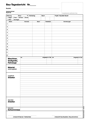 5x Bau-Tagesbericht, Baubericht Bautagebuch DIN A4, 3-fach selbstdurchschreibend, 3x30 Blatt weiß/grün/gelb - gelocht (22205) von Druckerei Scharlau