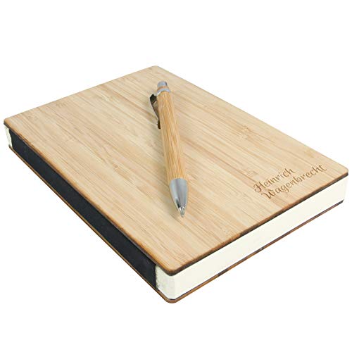 Notizbuch und Kugelschreiber Set ARIELLA Bambus Holzcover und Gravur von Druckspezialist