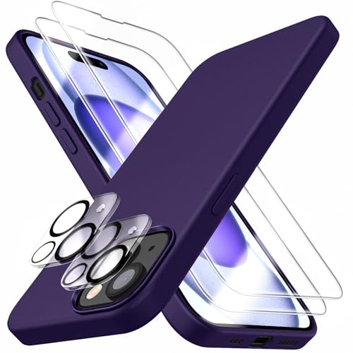 Dssairo [5 in 1 für iPhone 15 Plus Hülle, mit 2 Displayschutzfolien + 2 Stück Kameraobjektivschutz, Flüssigsilikon Ultra Slim Stoßfest Schutzhülle [Mikrofaserfutter] (Dunkelviolett) von Dssairo