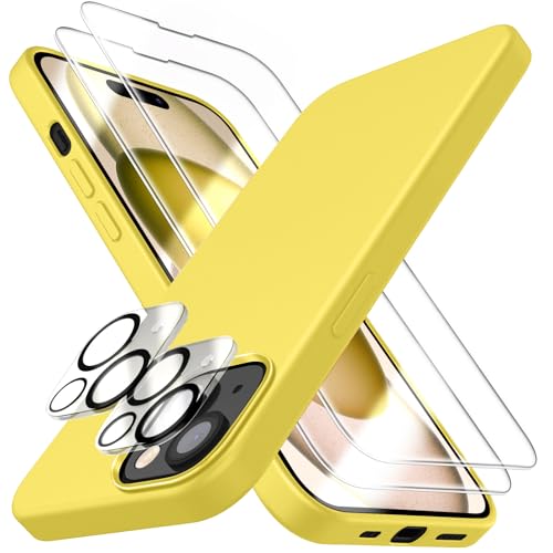 Dssairo [5 in 1 für iPhone 15 Plus Hülle, mit 2 Displayschutzfolien + 2 Stück Kameraobjektivschutz, Flüssigsilikon Ultra Slim Stoßfest Schutzhülle [Mikrofaserfutter](Gelb) von Dssairo