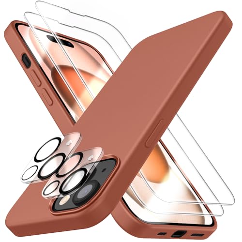 Dssairo [5 in 1 für iPhone 15 Plus Hülle, mit 2 Displayschutzfolien + 2 Stück Kameraobjektivschutz, Flüssigsilikon Ultra Slim Stoßfest Schutzhülle [Mikrofaserfutter] (Zimt) von Dssairo