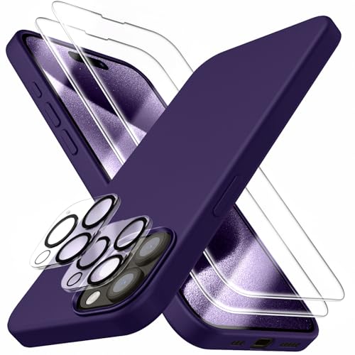 Dssairo [5 in 1 für iPhone 15 Pro Max Hülle, mit 2 Displayschutzfolien + 2 Stück Kameraobjektivschutz, Flüssigsilikon Ultra Slim Stoßfest Schutzhülle [Mikrofaserfutter] (Dunkelviolett) von Dssairo