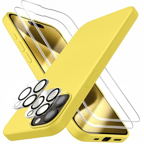Dssairo [5 in 1 für iPhone 15 Pro Max Hülle, mit 2 Displayschutzfolien + 2 Stück Kameraobjektivschutz, Flüssigsilikon Ultra Slim Stoßfest Schutzhülle [Mikrofaserfutter](Gelb) von Dssairo