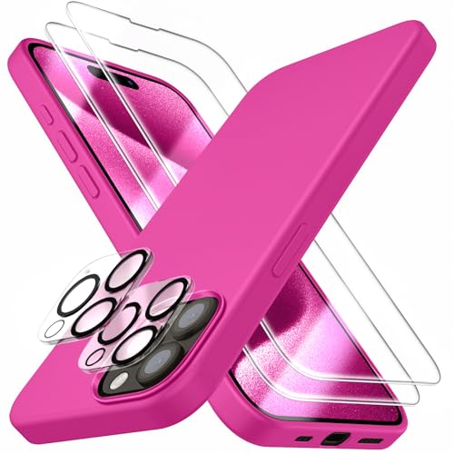 Dssairo [5 in 1 für iPhone 15 Pro Max Hülle, mit 2 Displayschutzfolien + 2 Stück Kameraobjektivschutz, Flüssigsilikon Ultra Slim Stoßfest Schutzhülle [Mikrofaserfutter] (Hot Pink) von Dssairo