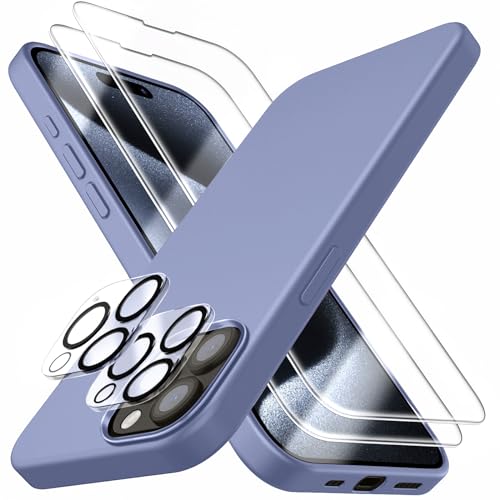 Dssairo [5 in 1 für iPhone 15 Pro Max Hülle, mit 2 Displayschutzfolien + 2 Stück Kameraobjektivschutz, Flüssigsilikon Ultra Slim Stoßfest Schutzhülle [Mikrofaserfutter] (Lavendelgrau) von Dssairo