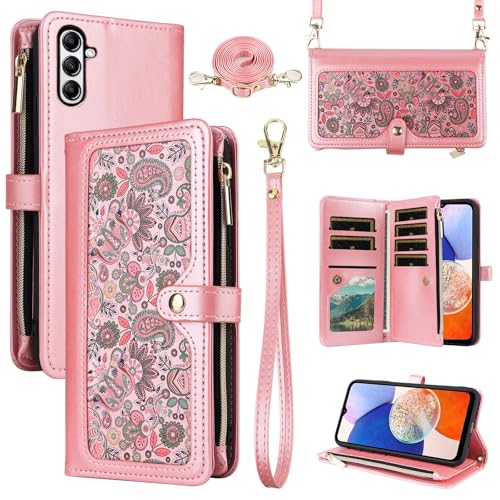Dswteny Schutzhülle für Samsung Galaxy A35 5G, Blumenmuster, mit Handschlaufe, Schultergurt, Reißverschluss, PU-Leder, Klappetui, Kreditkartenhalter, Ständer, Handyhülle, für A 35 / 35A / A355G, Rosa Dswteny Schutzhülle für Samsung Galaxy A35 5G, Blumenmuster, mit Handschlaufe, Schultergurt, Reißverschluss, PU-Leder, Klappetui, Kreditkartenhalter, Ständer, Handyhülle, für A 35 / 35A / A355G, Rosa von Dswteny