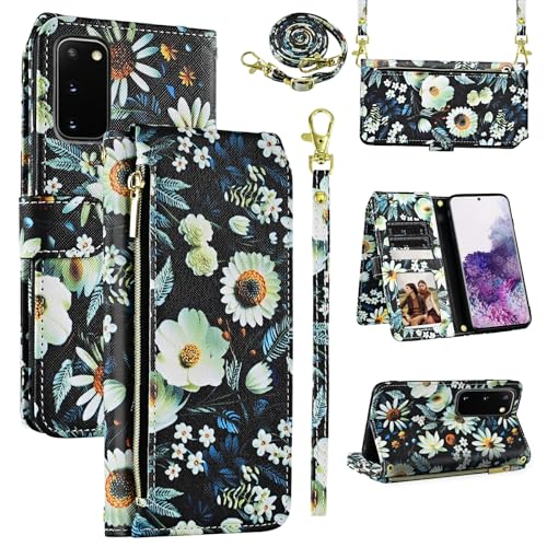 Dswteny Schutzhülle für Samsung Galaxy S20 5G 15,7 cm (6,2 Zoll), mit abnehmbarer Handschlaufe, Schultergurt, 9 Kartenfächer, Reißverschluss, Blumenmuster, PU-Leder, Ständer, Handyhülle für S 20, 20S, von Dswteny