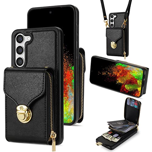 Dswteny Schutzhülle für Samsung Galaxy S23 5G, Crossbody-Gurt, Leder, Reißverschluss, Kreditkartenhalter, Standfunktion, Handyhülle, für S 23, 23S, GS23, G5, SM-S911U, 15,5 cm (6,1 Zoll), Schwarz von Dswteny