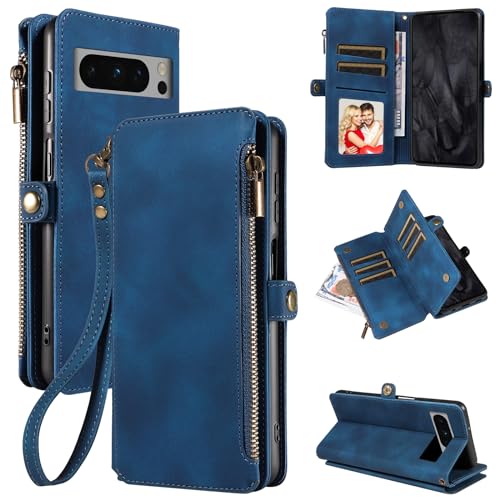 Dtdepth Handyhülle für Google Pixel 8 Pro Hülle mit Kartenfach Geldbörse Magnetverschluss Schutzhülle Klapphülle Ständer Handytasche Leder Tasche Wallet Flip Case Cover - Blau von Dtdepth