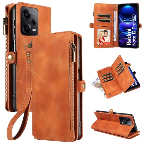 Dtdepth Handyhülle für Xiaomi Redmi Note 12 Pro 5G Hülle mit Kartenfach Geldbörse Magnetverschluss Schutzhülle Klapphülle Ständer Handytasche Leder Tasche Wallet Flip Case Cover - Braun von Dtdepth