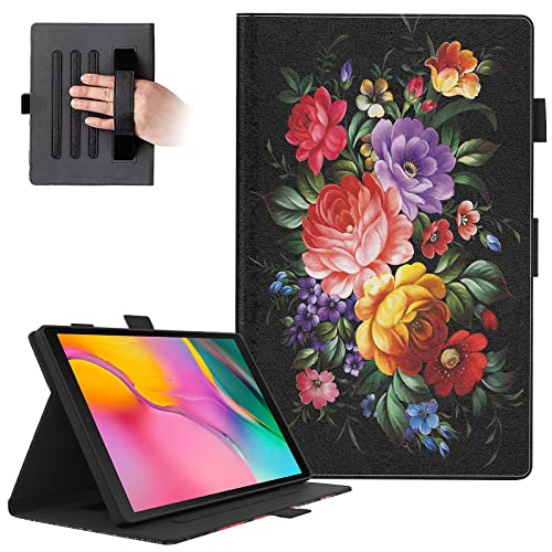 Dteck Galaxy Tab A 10.1 Hülle (Modell SM-T510) – Stoßfeste Lederhülle mit verstellbarem Standwinkel/Handschlaufe für Galaxy Tab A 10,1 Zoll Android Tablet 2019 (Blumen Schwarz) von Dteck