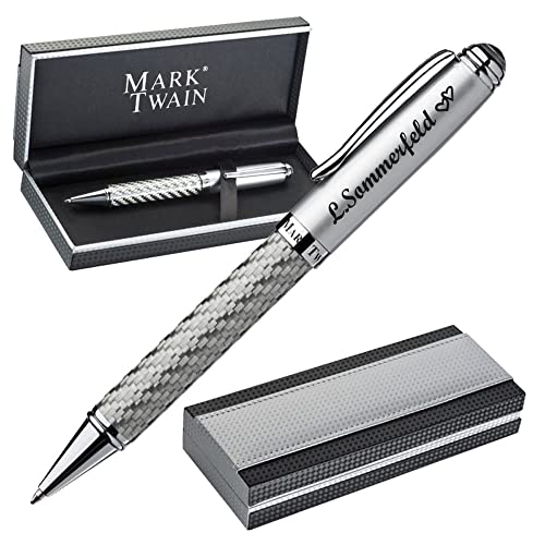 M A R K TWAIN Exklusive Kugelschreiber mit Gravur aus Metall inklusive Geschenkbox - in silbernem Karbondesign - Geschenk zum Geburtstag Jubiläum verschiedene Anlässe PS152 von Dttra