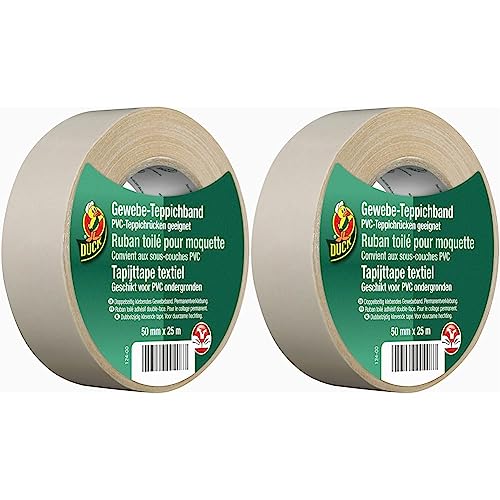 Duck Gewebe Teppichband – Doppelseitiges Verlegeband zur Verklebung von Teppichen – Gewebeband zum Befestigen am Teppichrücken – 50mm x 25m (Packung mit 2) von Duck