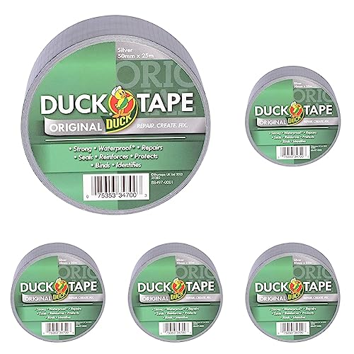 Duck Tape Original Silber 50 mm x 25 m Das Original hochfeste wasserdichte Gaffer- und Kanal-Klebeband für Reparaturarbeiten (Packung mit 5) von Duck