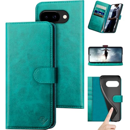DuckSky Schutzhülle für Google Pixel 9A, echtes Leder, RFID-Blockierung, 4 Kreditkartenfächer, echtes Leder, Klappetui, für Damen und Herren, Blau / Grün von DuckSky