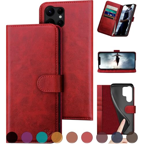 DuckSky Schutzhülle für Samsung Galaxy S25 Ultra, echtes Leder, RFID-Blockierung, 4 Kreditkartenfächer, echtes Leder, Klappetui, für Damen und Herren, Rot von DuckSky