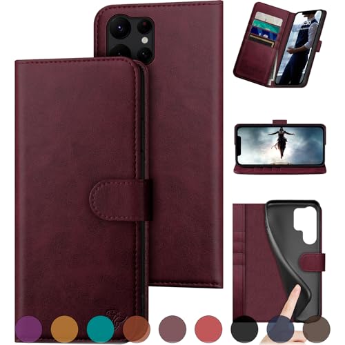 DuckSky Schutzhülle für Samsung Galaxy S25 Ultra, echtes Leder, RFID-Blockierung, 4 Kreditkartenfächer, echtes Leder, Klappetui, für Damen und Herren, Weinrot von DuckSky