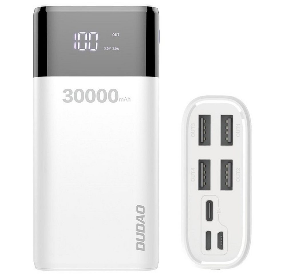 Dudao Powerbank 30000mAh, Externer Akku mit 4 Output USB Schnellladung Max 4A, Akkupack mit LED Anzeige Externes Ladegerät für Handy, Tablet, Smartphone in weiß Powerbank 30000 mAh von Dudao