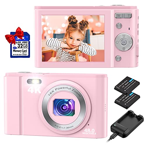 Digitalkamera, Duluvulu 4K UHD 48MP Mini Fotokamera mit 32GB Speicherkarte Kompaktkamera Wiederaufladbare 16X Digitalzoom, Fotoapparat Digitalkamera für Kinder Teenager Anfänger Erwachsene-Rosa von Duluvulu