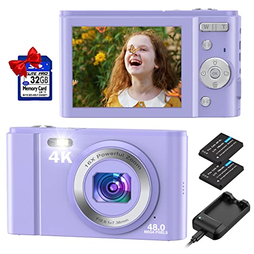 Duluvulu Digitalkamera, 4K UHD 48MP Mini Fotokamera mit 32GB Speicherkarte Kompaktkamera Wiederaufladbare 16X Digitalzoom, Fotoapparat Digitalkamera für Kinder Teenager Anfänger Erwachsene-Violett von Duluvulu