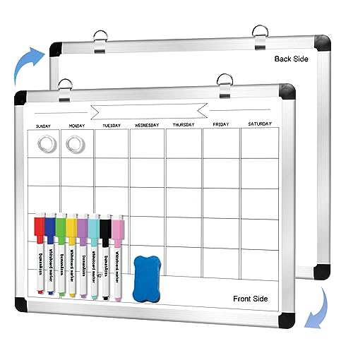 DumanAsen Magnetisches Whiteboard kalender, doppelseitiger trocken abwischbar Magnettafel, Aluminiumrahmen - inkl. 8 Marker, 43cm x 33cm von DumanAsen