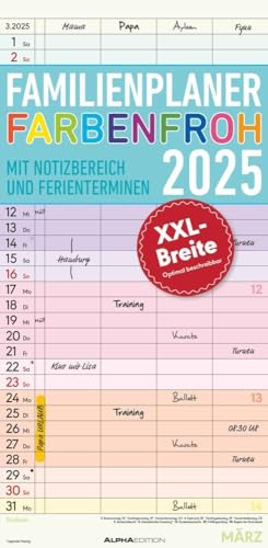 Familienplaner Farbenfroh - Kalender 2025 - Alpha-Edition-Verlag - bunter Familienkalender mit 4 Spalten zum Eintragen - 22 cm x 45 cm von Dumont Kalenderverlag
