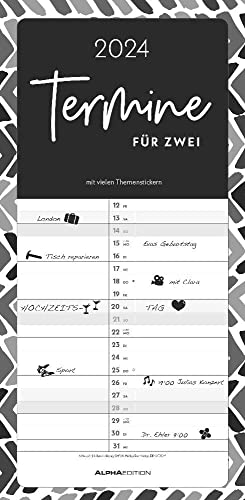 Termine für Zwei - Black & White - Terminplaner 2024 für 2 Personen - Alpha Edition-Verlag - Kalender in schwarz - weiß mit 2 Spalten zum Eintragen und mit Stickerbogen - 22 cm x 45 cm von Dumont Kalenderverlag