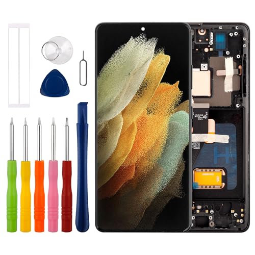 Duotipa [mit Fingerprint] Neu 6.8" OLED Display Kompatibel mit Samsung Galaxy S21 Ultra 5G SM-G998B (Schwarz mit Rahmen) LCD Display Touchscreen Digitizer Montage mit Reparatur Tools Kit von Duotipa