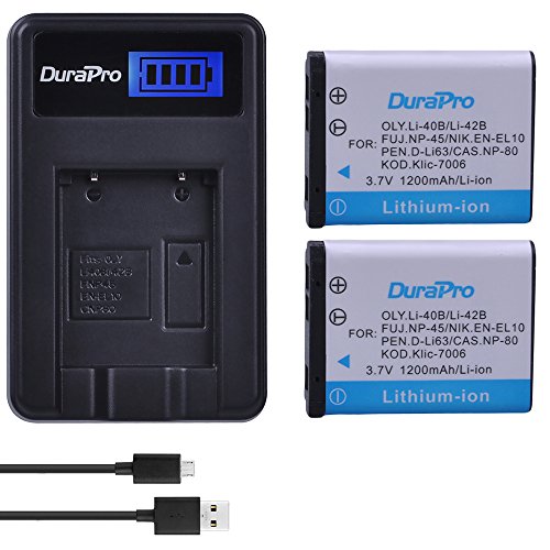 DuraPro 2X Akku Li-40B Li-42B mit LCD USB Ladegerät für Olympus Li-40B Li-42B Nikon EN-EL10 Fuji NP-45 Pentax D-Li63 Kodak Klic-7006 Casio NP-80 Fuji FinePix J10 J15 J100 J110w von DuraPro