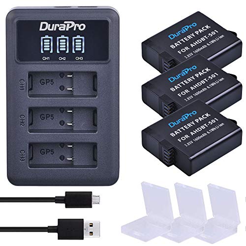 DuraPro 3Pcs 1600mAh Akku für Gopro Hero 5/6 Gopro 2018 Gopro 7 Kamera-Akkus + Rapid LED 3-Slots USB-Ladegerät mit Typ C-Anschluss (kompatibel mit Hero5 All Firmwares v02.00, v02.01) von DuraPro