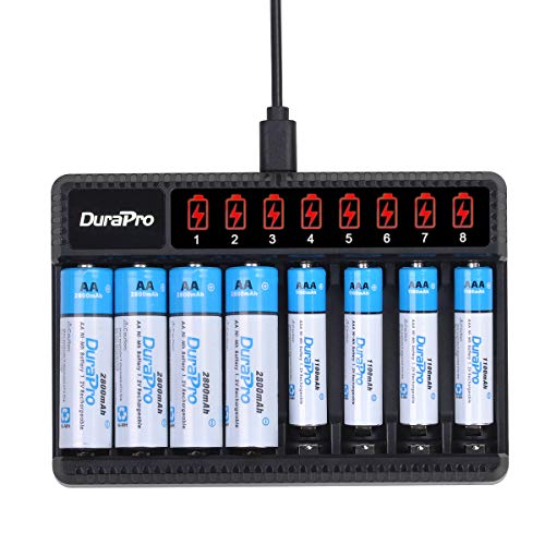 DuraPro 4X AA Akku NI-MH + 4X AAA Aufladbare Batterien mit 8-Slots LCD Schnell Akkuladegerät für AA, AAA, NI-MH, NI-Cd wiederaufladbare Batterien von DuraPro