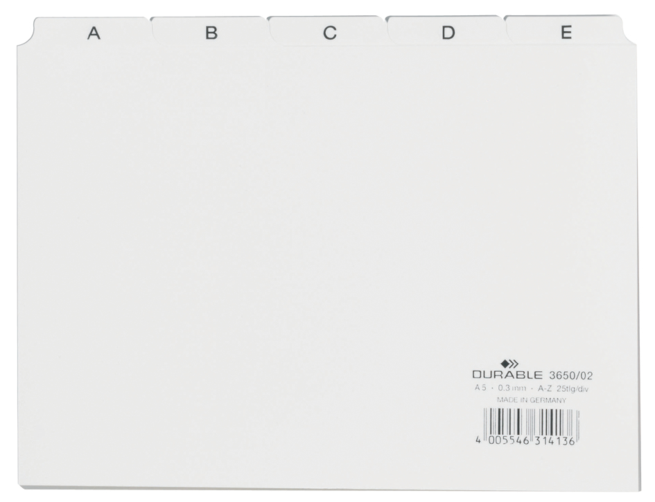 DURABLE Karteiregister A - Z, PP, A5 quer, weiß, 25-teilig DURABLE Karteiregister A - Z, PP, A5 quer, weiß, 25-teilig von Durable