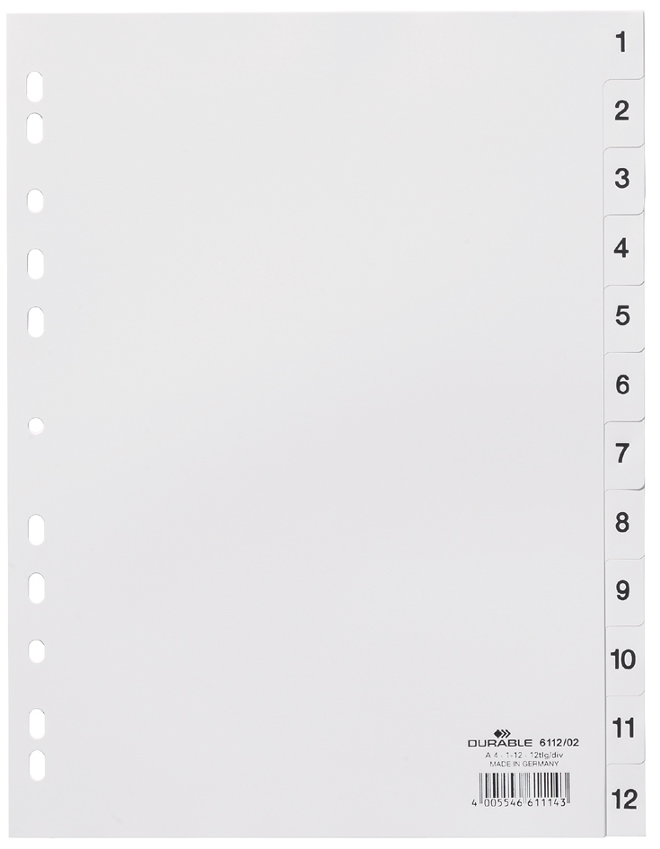 DURABLE Kunststoff-Register, Zahlen, A4, 12-teilig, 1 - 12 von Durable